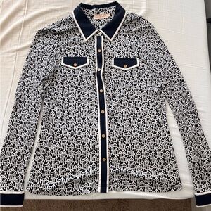 Tory Burch White and Navy Collard Button Down Blouse
